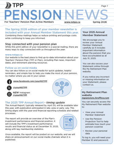 Page one of the Spring 2026 TPP Pension News for Active Members